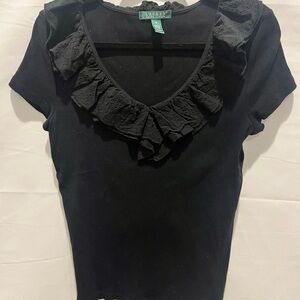 Ralph Lauren Black Ruffled Short Sleeve Top. 100%cotton